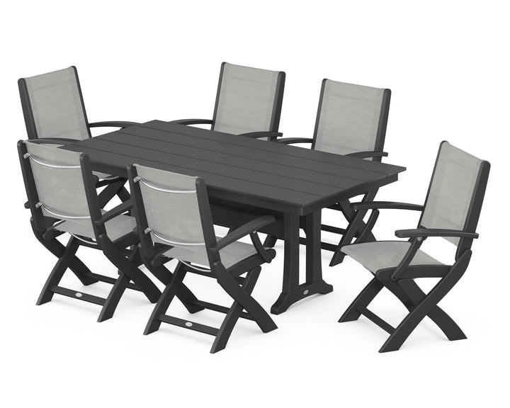 POLYWOOD® Coastal Folding Arm Chair 7-Piece Farmhouse Dining Set with Trestle Legs