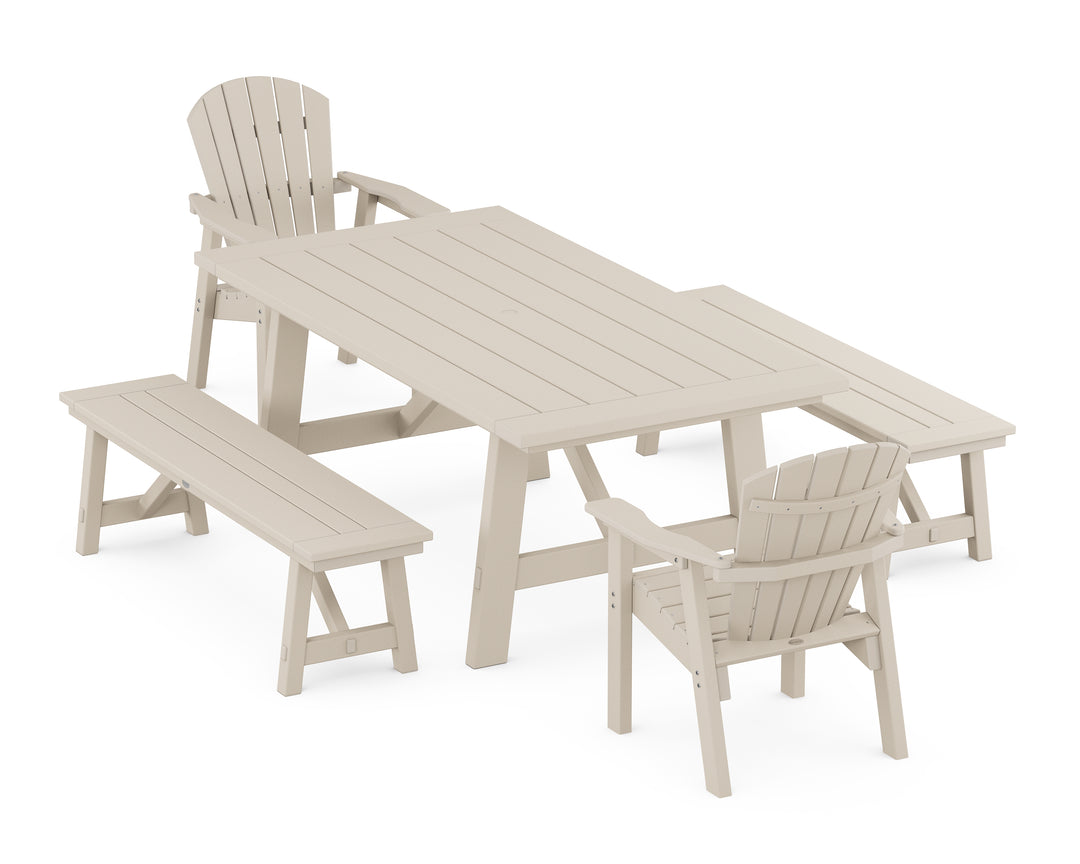 POLYWOOD® Seashell 5-Piece Rustic Farmhouse Dining Set With Benches