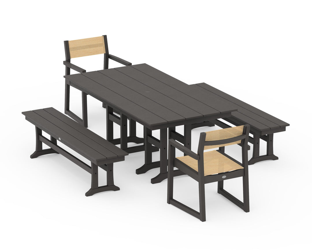 POLYWOOD® EDGE Sling Arm Chair 5-Piece Farmhouse Dining Set with Benches