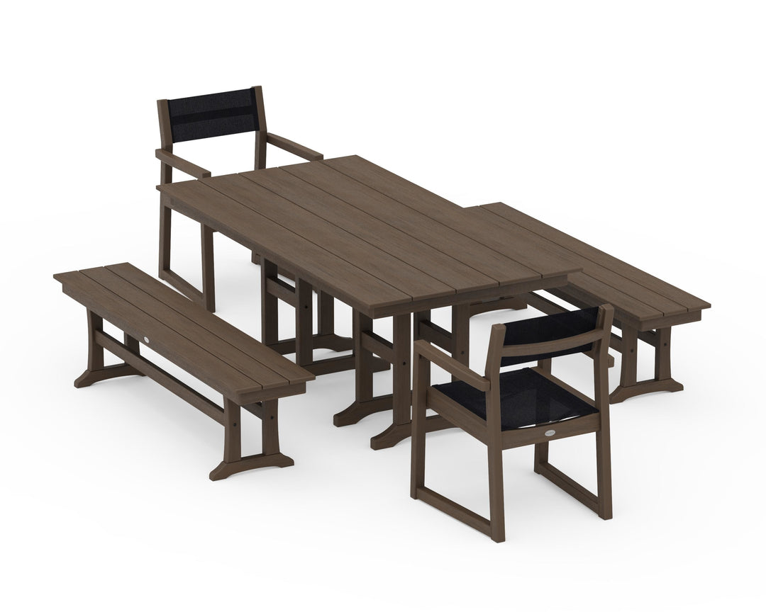 POLYWOOD® EDGE Sling Arm Chair 5-Piece Farmhouse Dining Set with Benches