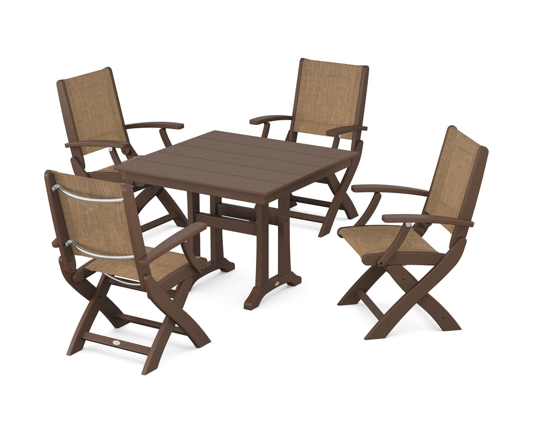 POLYWOOD® Coastal Folding Chair 5-Piece Farmhouse Dining Set With Trestle Legs