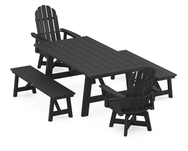 POLYWOOD® VineyardCurveback Adirondack Swivel Chair 5-Piece Rustic Farmhouse Dining Set With Benches