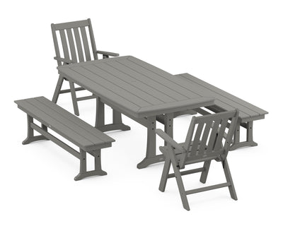 Vineyard Folding Chair 5-Piece Dining Set with Trestle Legs and Benches