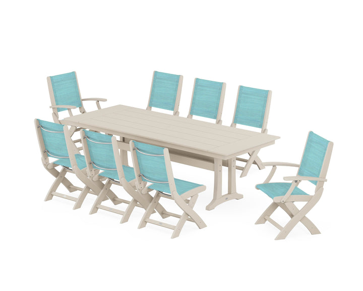 POLYWOOD® Coastal 9-Piece Folding Dining Chair Farmhouse Dining Set with Trestle Legs