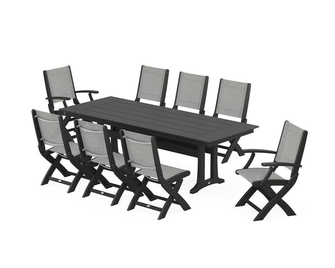 POLYWOOD® Coastal 9-Piece Folding Dining Chair Farmhouse Dining Set with Trestle Legs