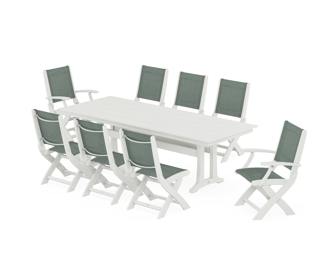 POLYWOOD® Coastal 9-Piece Folding Dining Chair Farmhouse Dining Set with Trestle Legs