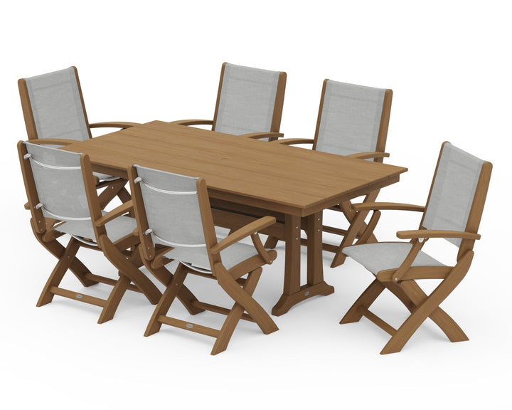 POLYWOOD® Coastal Folding Arm Chair 7-Piece Farmhouse Dining Set with Trestle Legs