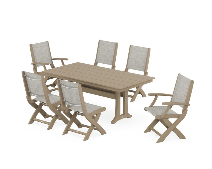 POLYWOOD® Coastal Folding Chair 7-Piece Farmhouse Dining Set with Trestle Legs