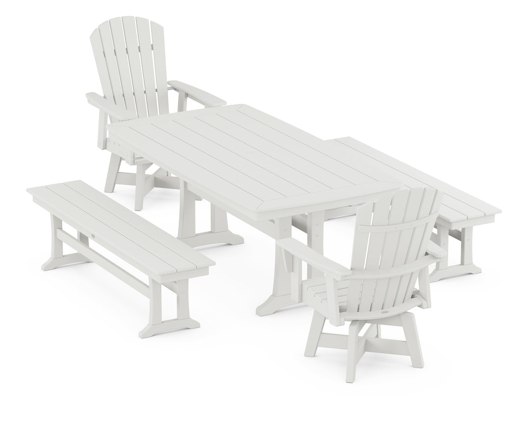 POLYWOOD® Nautical Curveback Adirondack Swivel Chair 5-Piece Dining Set with Trestle Legs and Benches