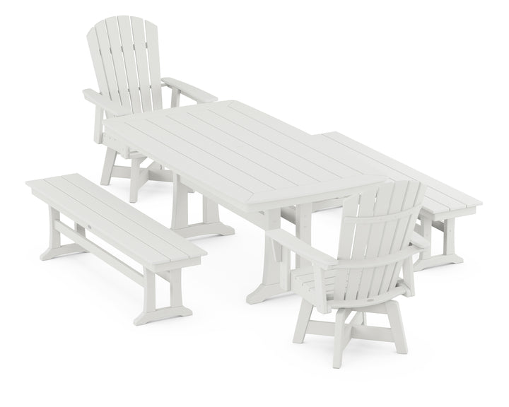 POLYWOOD® Nautical Curveback Adirondack Swivel Chair 5-Piece Dining Set with Trestle Legs and Benches