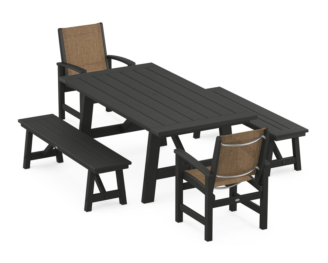 POLYWOOD® Coastal 5-Piece Rustic Farmhouse Dining Set With Benches