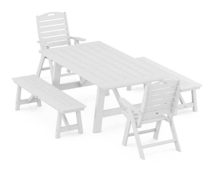 POLYWOOD® Nautical Folding Highback Chair 5-Piece Rustic Farmhouse Dining Set With Benches