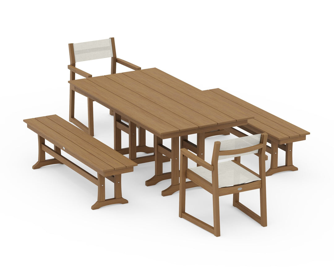 POLYWOOD® EDGE Sling Arm Chair 5-Piece Farmhouse Dining Set with Benches