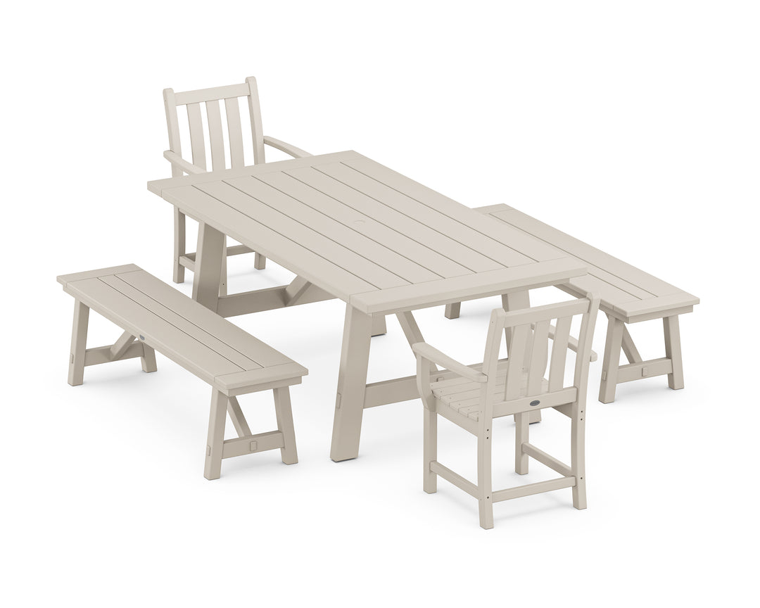 POLYWOOD® Traditional Garden 5-Piece Rustic Farmhouse Dining Set With Benches