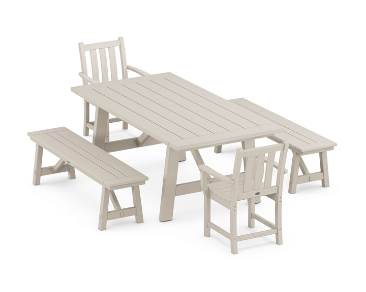 POLYWOOD® Traditional Garden 5-Piece Rustic Farmhouse Dining Set With Benches