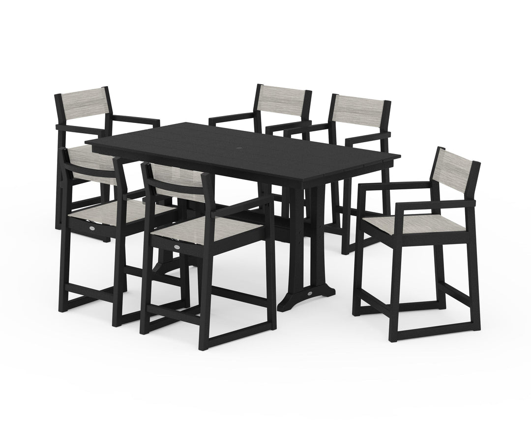 POLYWOOD® EDGE Sling Arm Chair 7-Piece Farmhouse Counter Set with Trestle Legs