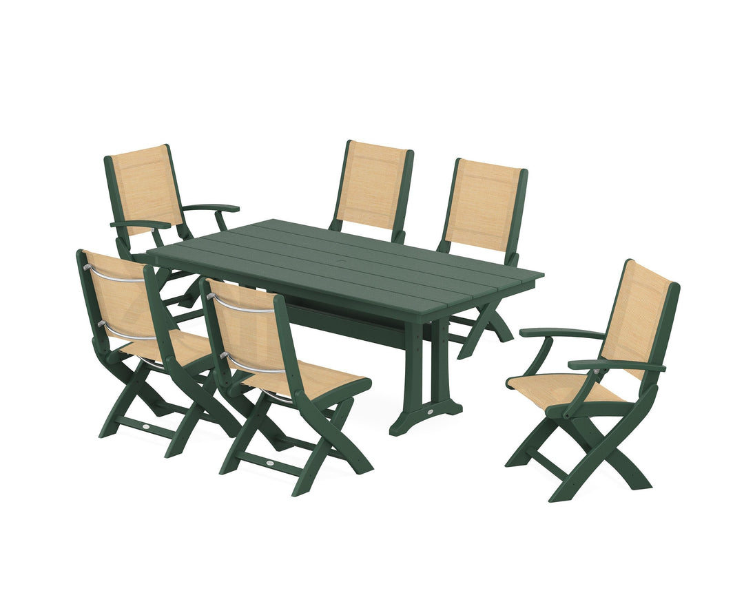POLYWOOD® Coastal Folding Chair 7-Piece Farmhouse Dining Set with Trestle Legs