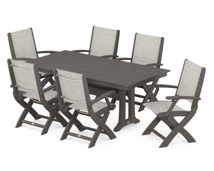 POLYWOOD® Coastal Folding Arm Chair 7-Piece Farmhouse Dining Set with Trestle Legs