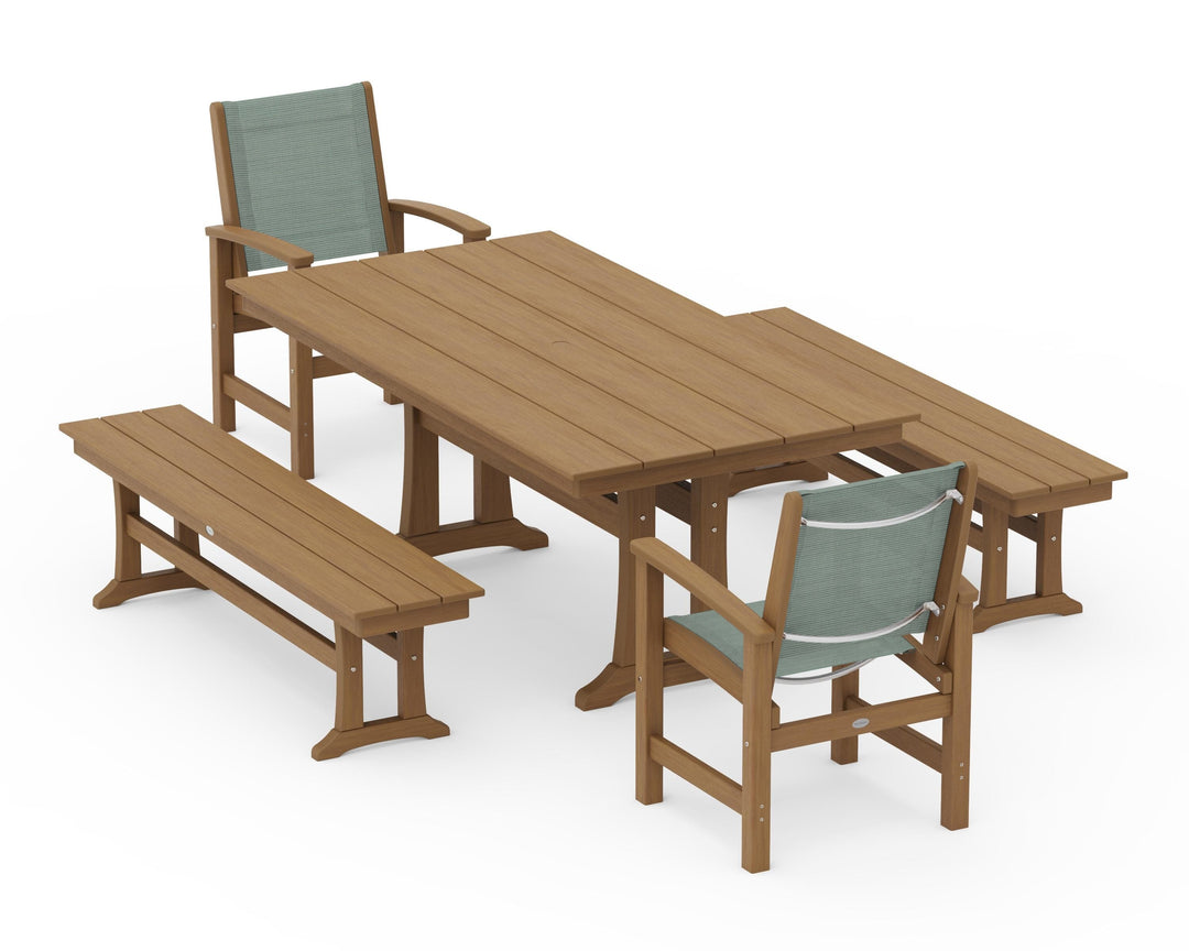 POLYWOOD® Coastal 5-Piece Farmhouse Dining Set with Trestle Legs and Benches