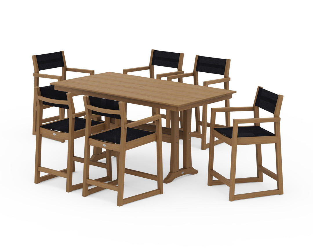 POLYWOOD® EDGE Sling Arm Chair 7-Piece Farmhouse Counter Set with Trestle Legs