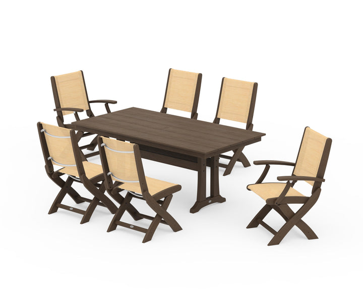 POLYWOOD® Coastal Folding Chair 7-Piece Farmhouse Dining Set with Trestle Legs
