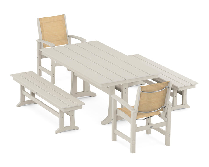 POLYWOOD® Coastal 5-Piece Farmhouse Dining Set with Trestle Legs and Benches