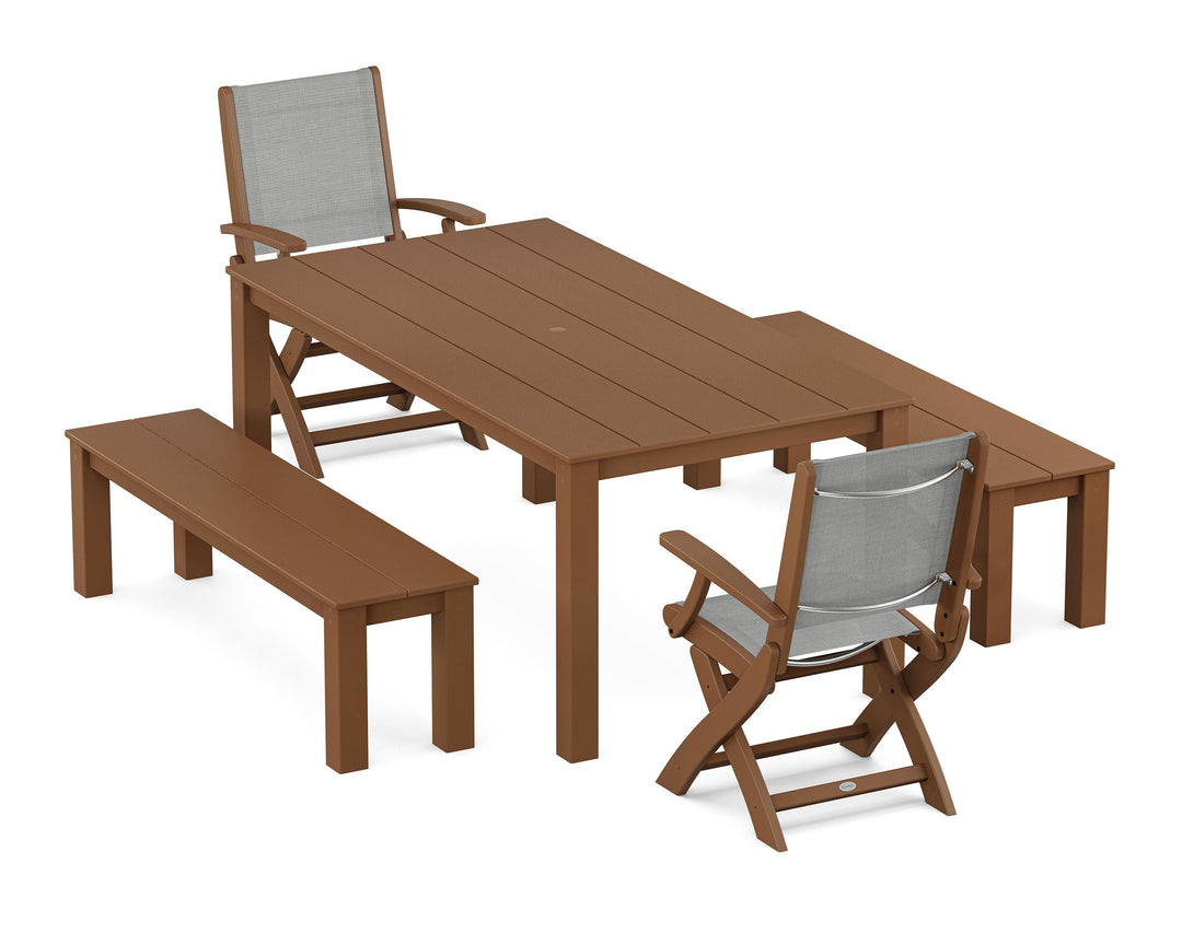 POLYWOOD® Coastal Folding Chair 5-Piece Parsons Dining Set with Benches