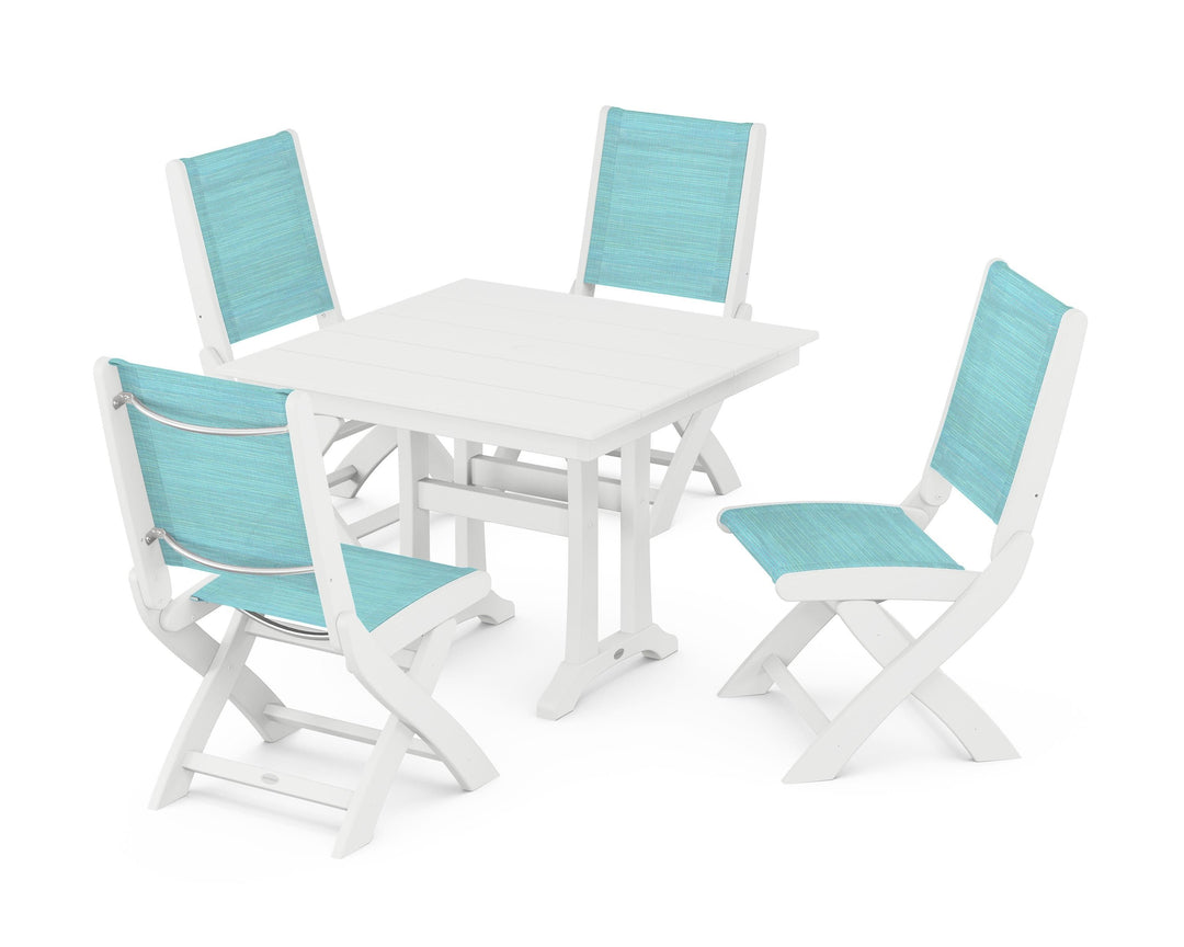 POLYWOOD® Coastal Folding Side Chair 5-Piece Farmhouse Dining Set With Trestle Legs