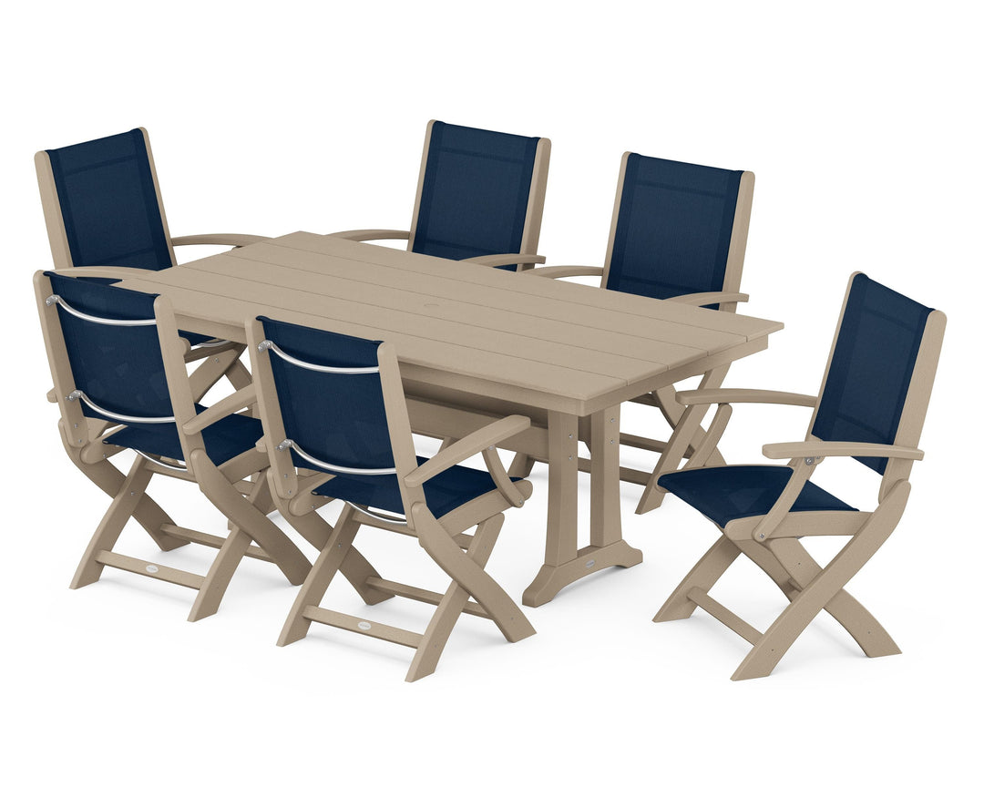POLYWOOD® Coastal Folding Arm Chair 7-Piece Farmhouse Dining Set with Trestle Legs