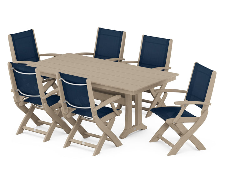 POLYWOOD® Coastal Folding Arm Chair 7-Piece Farmhouse Dining Set with Trestle Legs