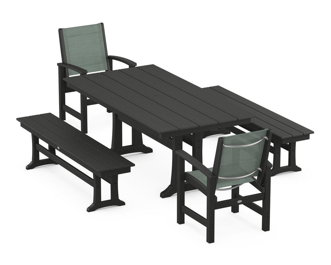 POLYWOOD® Coastal 5-Piece Farmhouse Dining Set with Trestle Legs and Benches