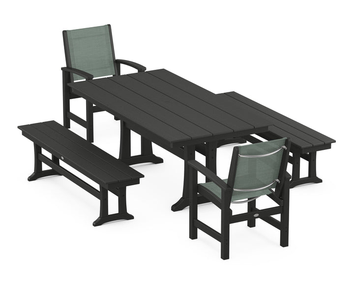 POLYWOOD® Coastal 5-Piece Farmhouse Dining Set with Trestle Legs and Benches