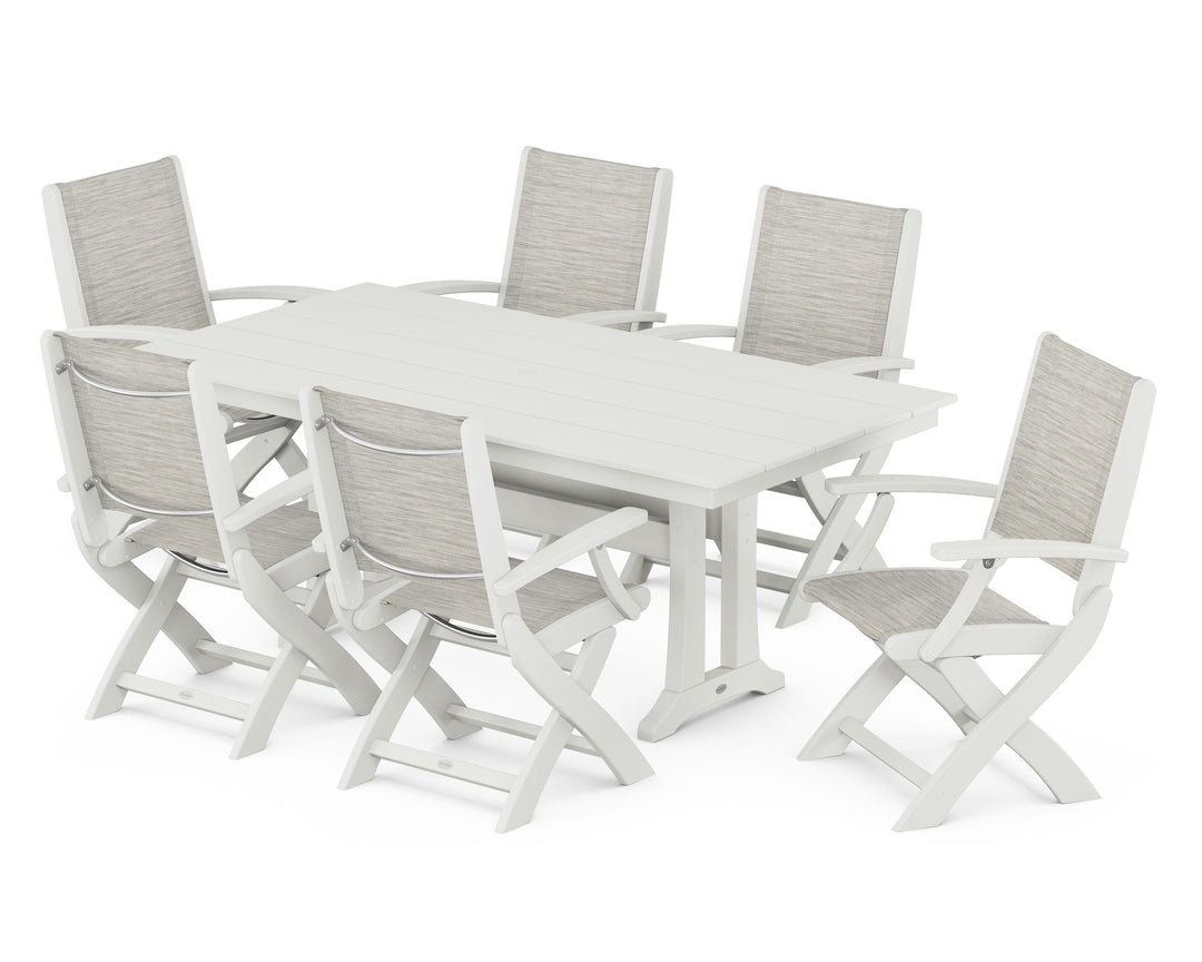 POLYWOOD® Coastal Folding Arm Chair 7-Piece Farmhouse Dining Set with Trestle Legs
