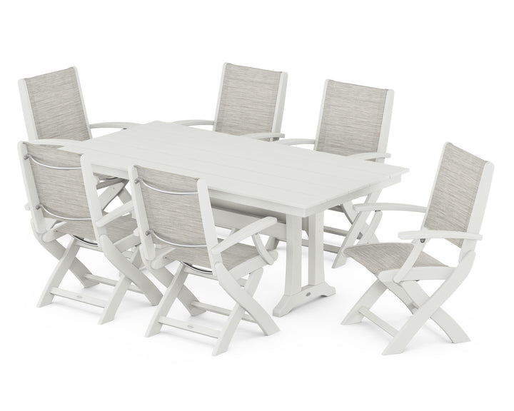 POLYWOOD® Coastal Folding Arm Chair 7-Piece Farmhouse Dining Set with Trestle Legs