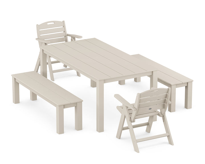 POLYWOOD® Nautical Folding Lowback Chair 5-Piece Parsons Dining Set with Benches