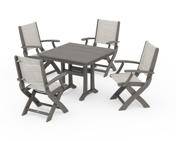 POLYWOOD® Coastal Folding Chair 5-Piece Farmhouse Dining Set With Trestle Legs