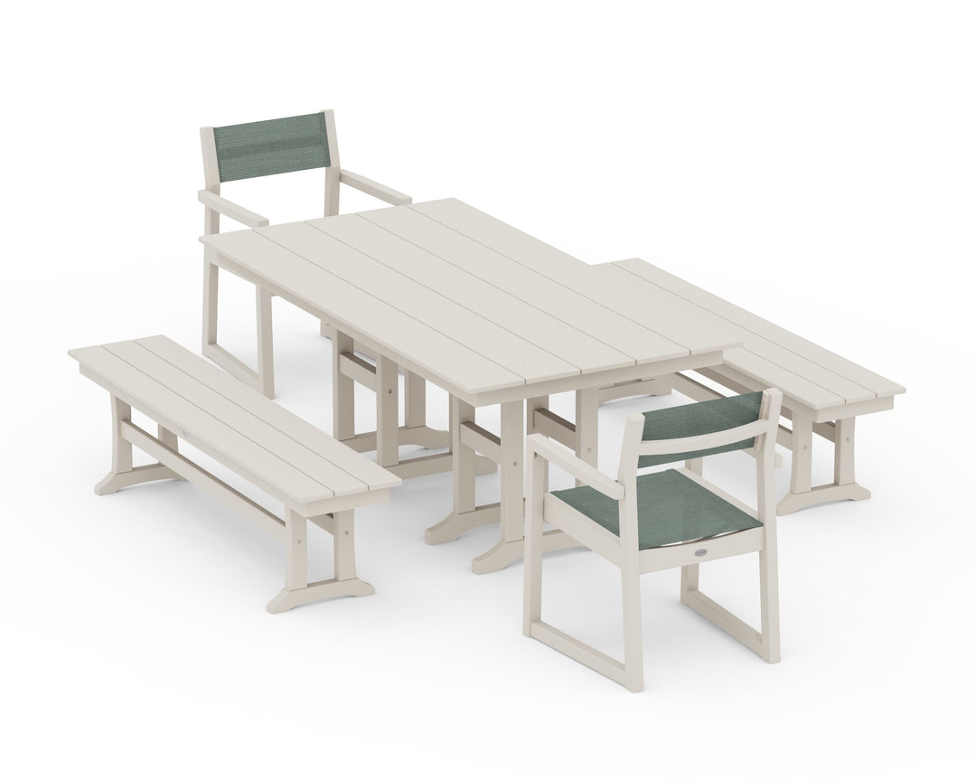 POLYWOOD® EDGE Sling Arm Chair 5-Piece Farmhouse Dining Set with Benches