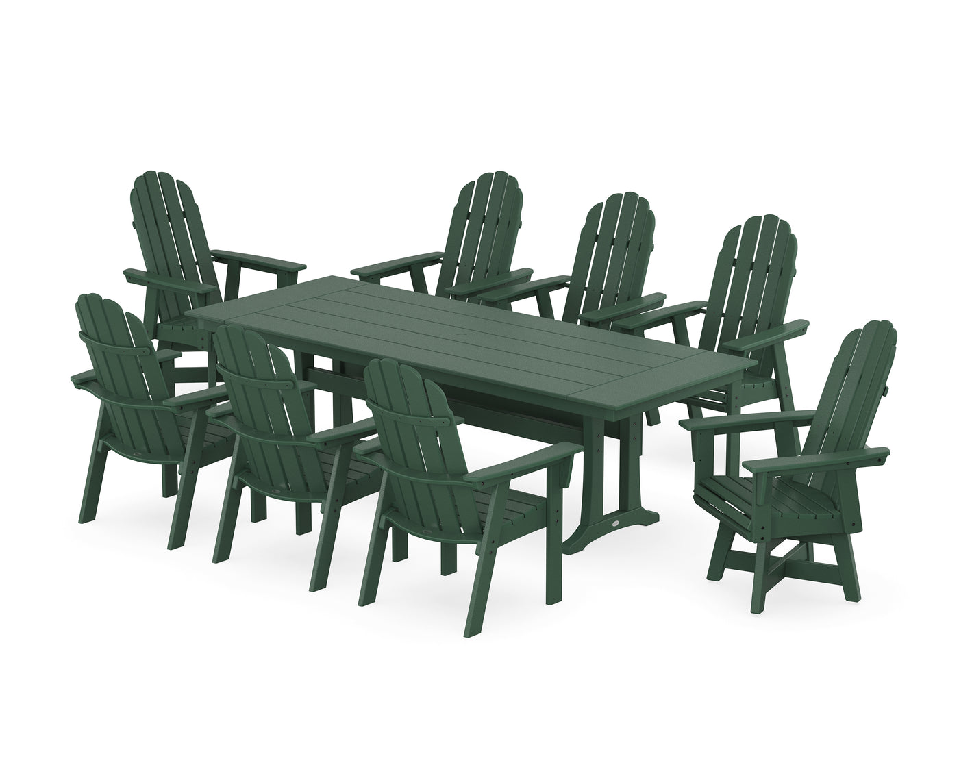 Vineyard 9-Piece Curveback Adirondack Swivel Farmhouse Dining Set with Trestle Legs