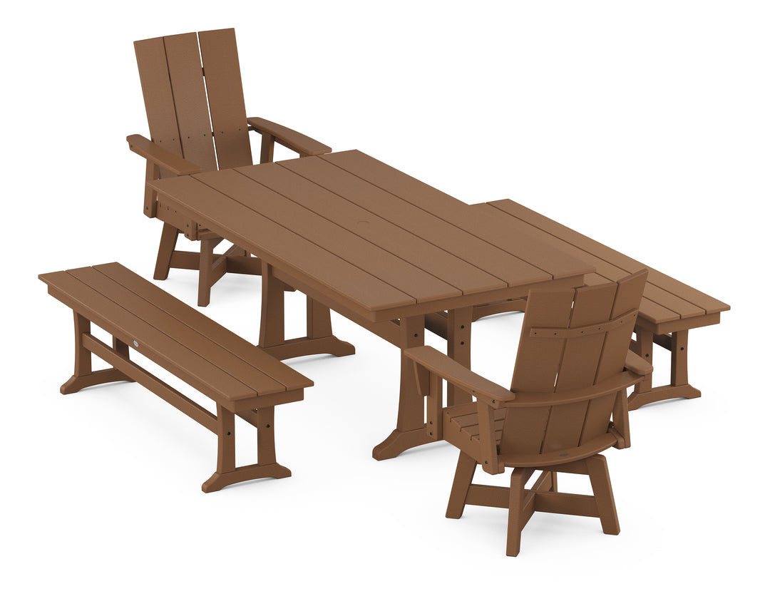 POLYWOOD® Modern Curveback Adirondack Swivel Chair 5-Piece Farmhouse Dining Set With Trestle Legs and Benches