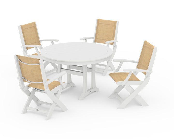 POLYWOOD® Coastal Folding Chair 5-Piece Round Dining Set with Trestle Legs