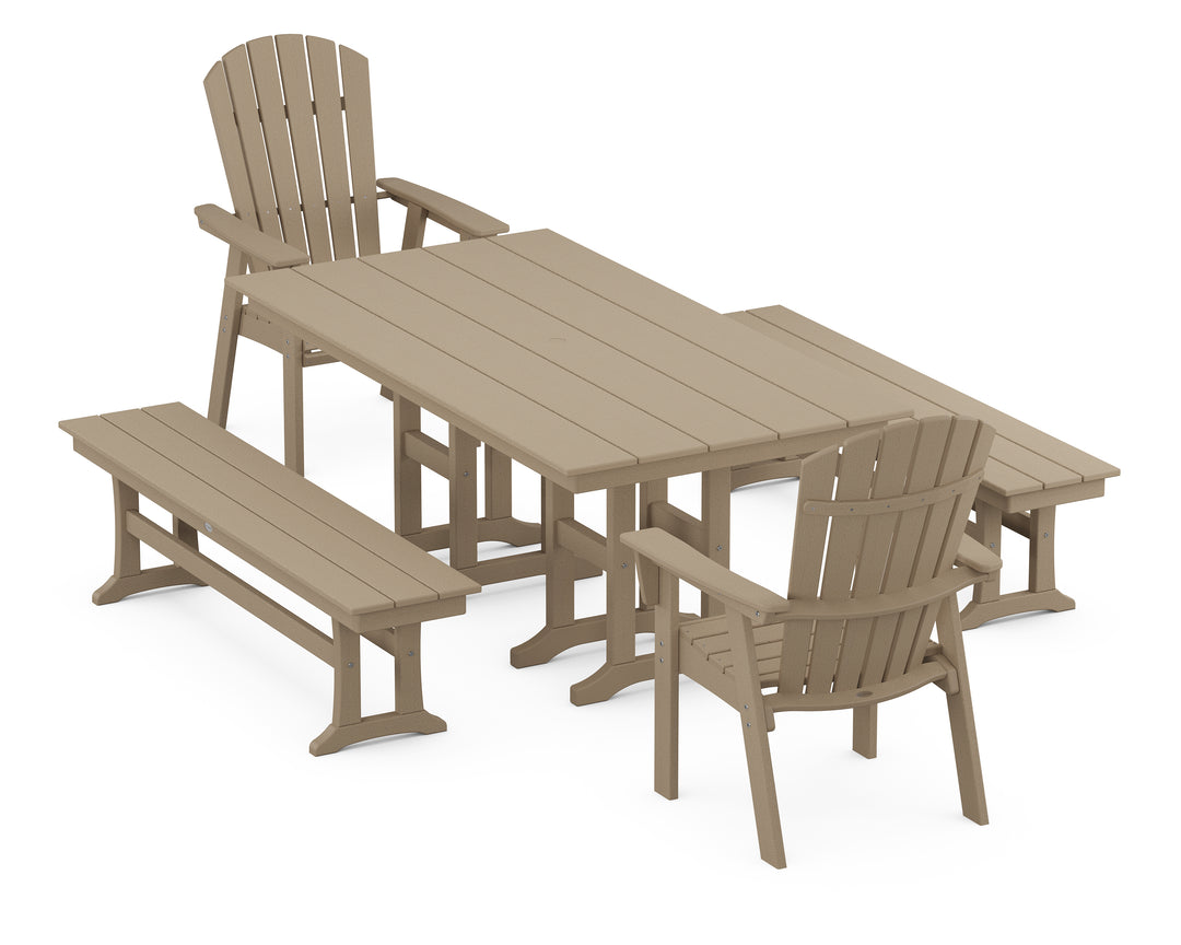POLYWOOD® Nautical Curveback Adirondack 5-Piece Farmhouse Dining Set with Benches