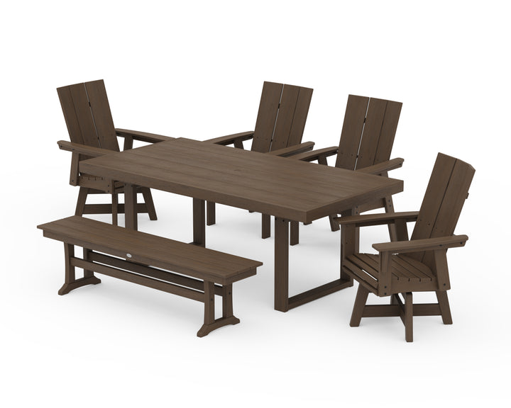 POLYWOOD® Modern Curveback Adirondack Swivel Chair 6-Piece Dining Set with Bench