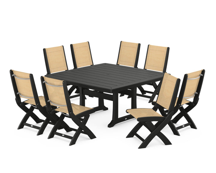POLYWOOD® Coastal Folding Side Chair 9-Piece Dining Set with Trestle Legs