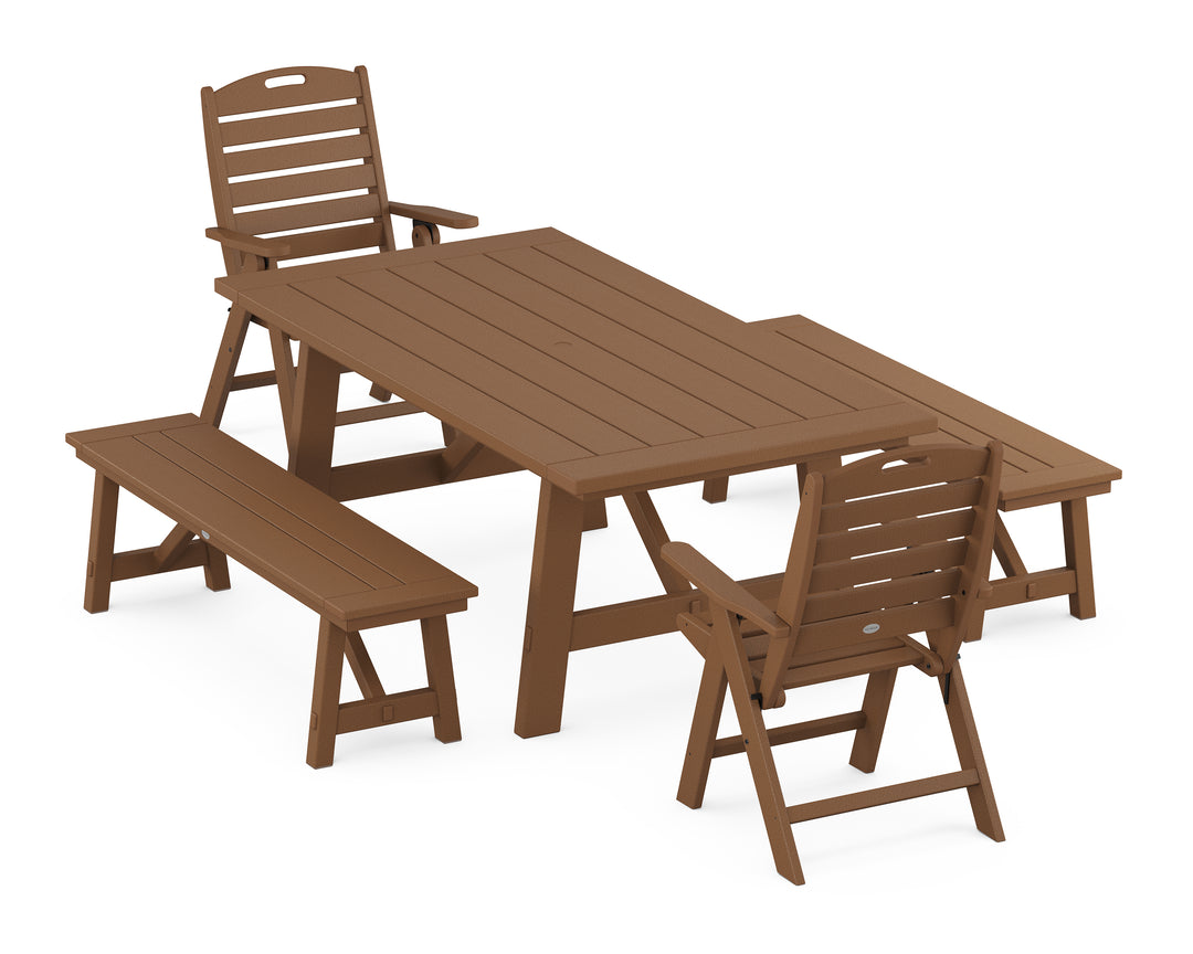 POLYWOOD® Nautical Folding Highback Chair 5-Piece Rustic Farmhouse Dining Set With Benches