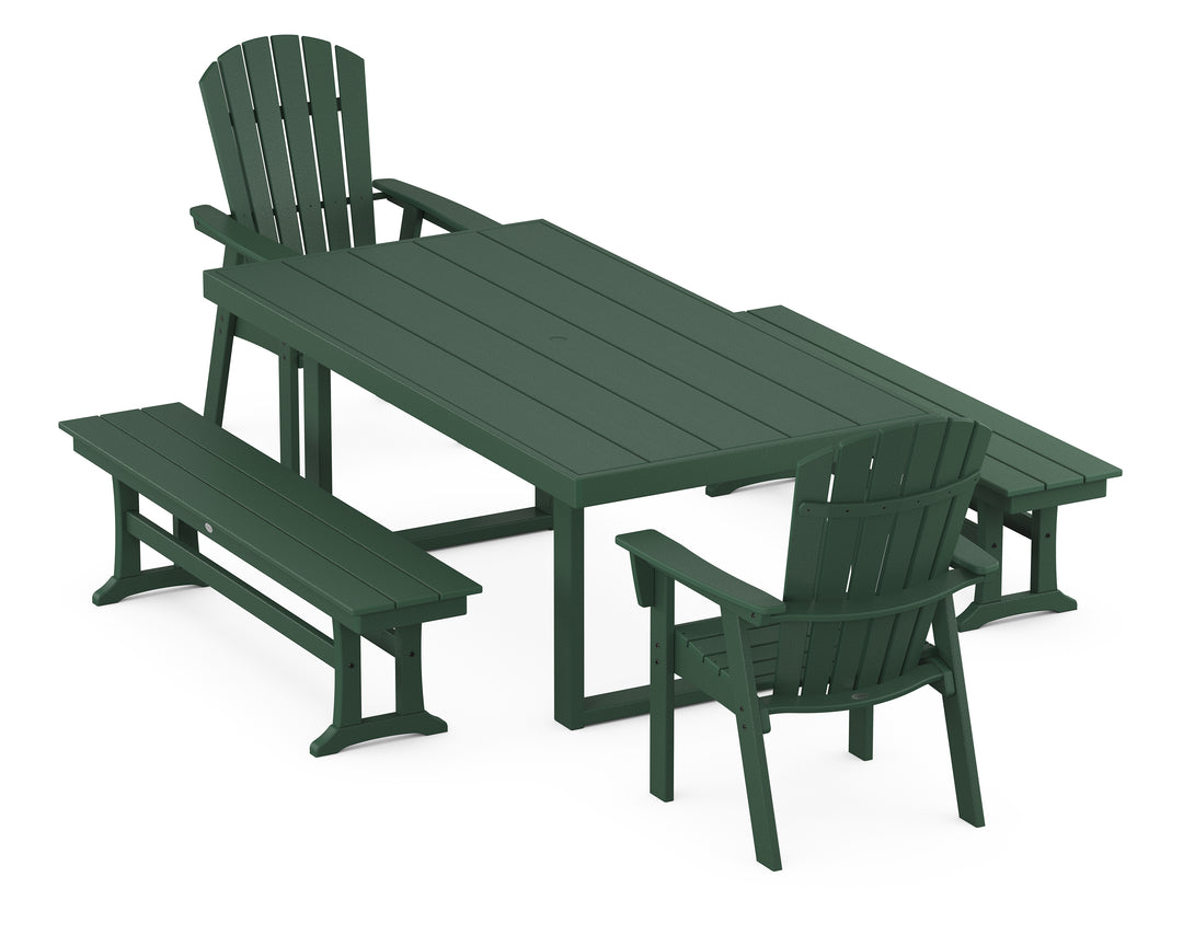 POLYWOOD® Nautical Curveback Adirondack 5-Piece Dining Set with Benches