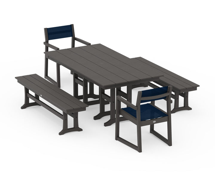 POLYWOOD® EDGE Sling Arm Chair 5-Piece Farmhouse Dining Set with Benches