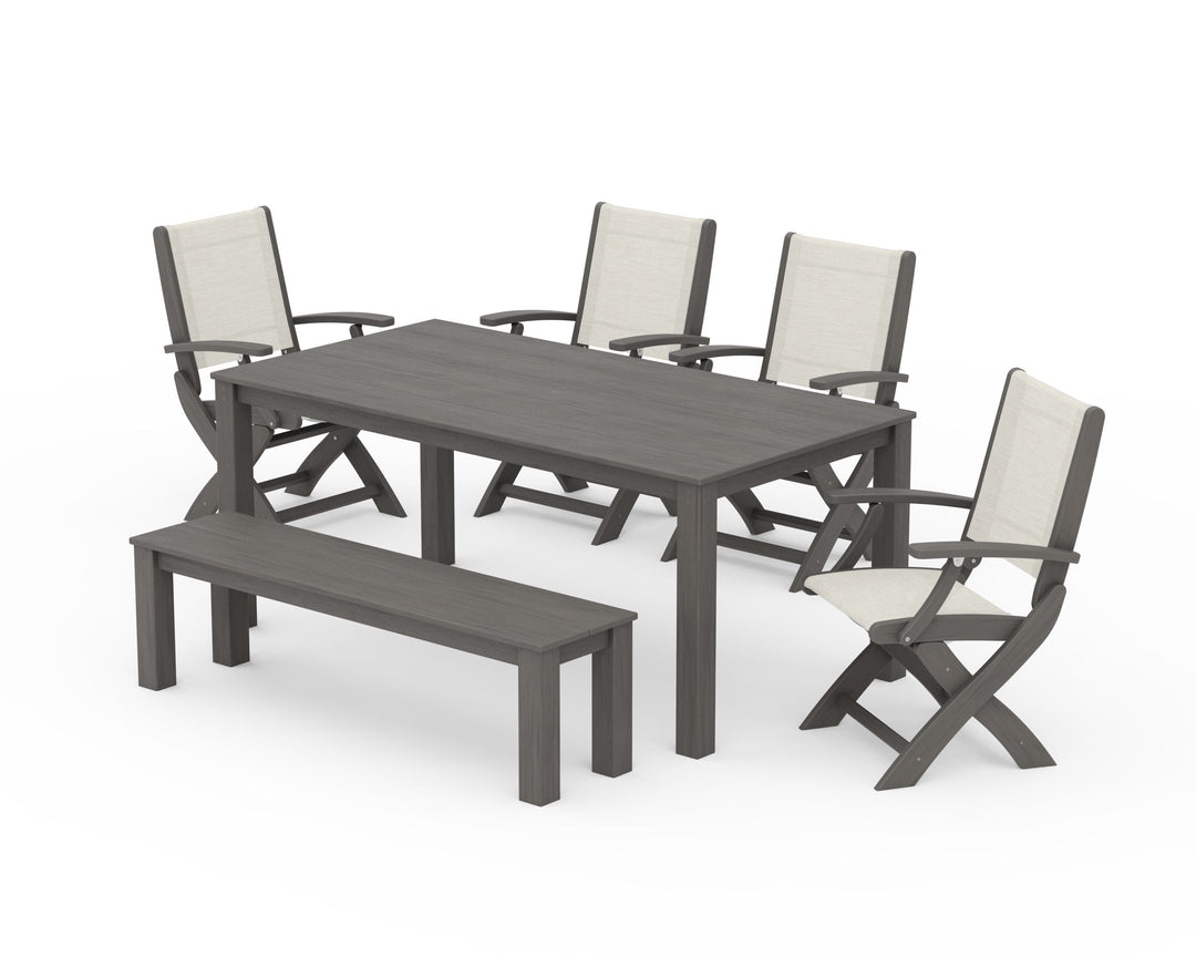 POLYWOOD® Coastal Folding Chair 6-Piece Parsons Dining Set with Bench