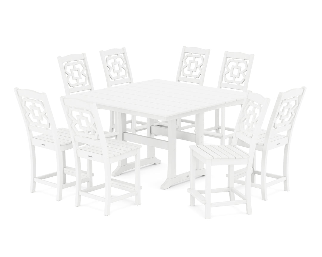 Martha Stewart by POLYWOOD® Chinoiserie 9-Piece Square Farmhouse Side Chair Counter Set with Trestle Legs