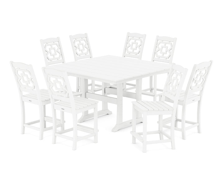 Martha Stewart by POLYWOOD® Chinoiserie 9-Piece Square Farmhouse Side Chair Counter Set with Trestle Legs