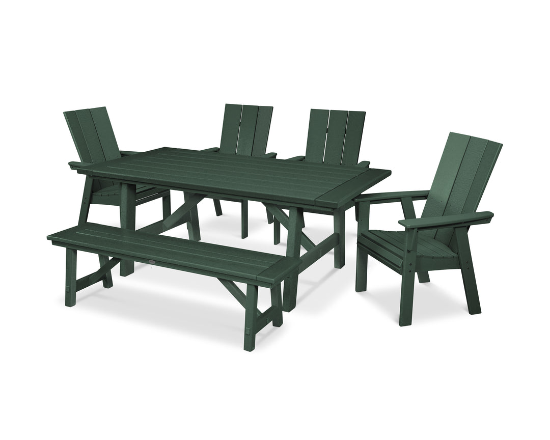POLYWOOD® Modern Curveback Adirondack 6-Piece Rustic Farmhouse Dining Set with Bench